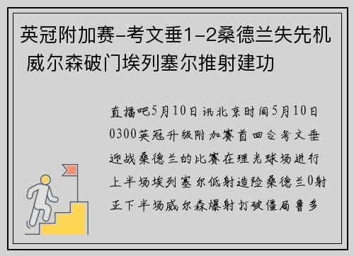 英冠附加赛-考文垂1-2桑德兰失先机 威尔森破门埃列塞尔推射建功