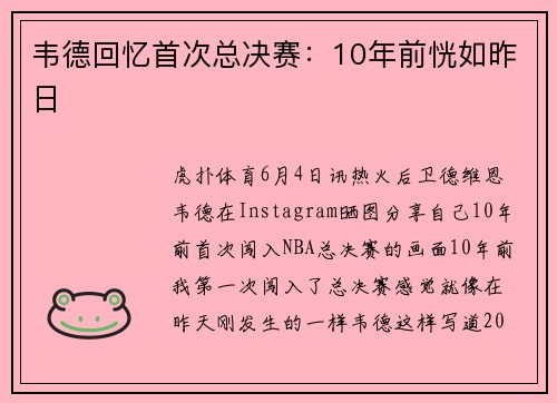 韦德回忆首次总决赛：10年前恍如昨日